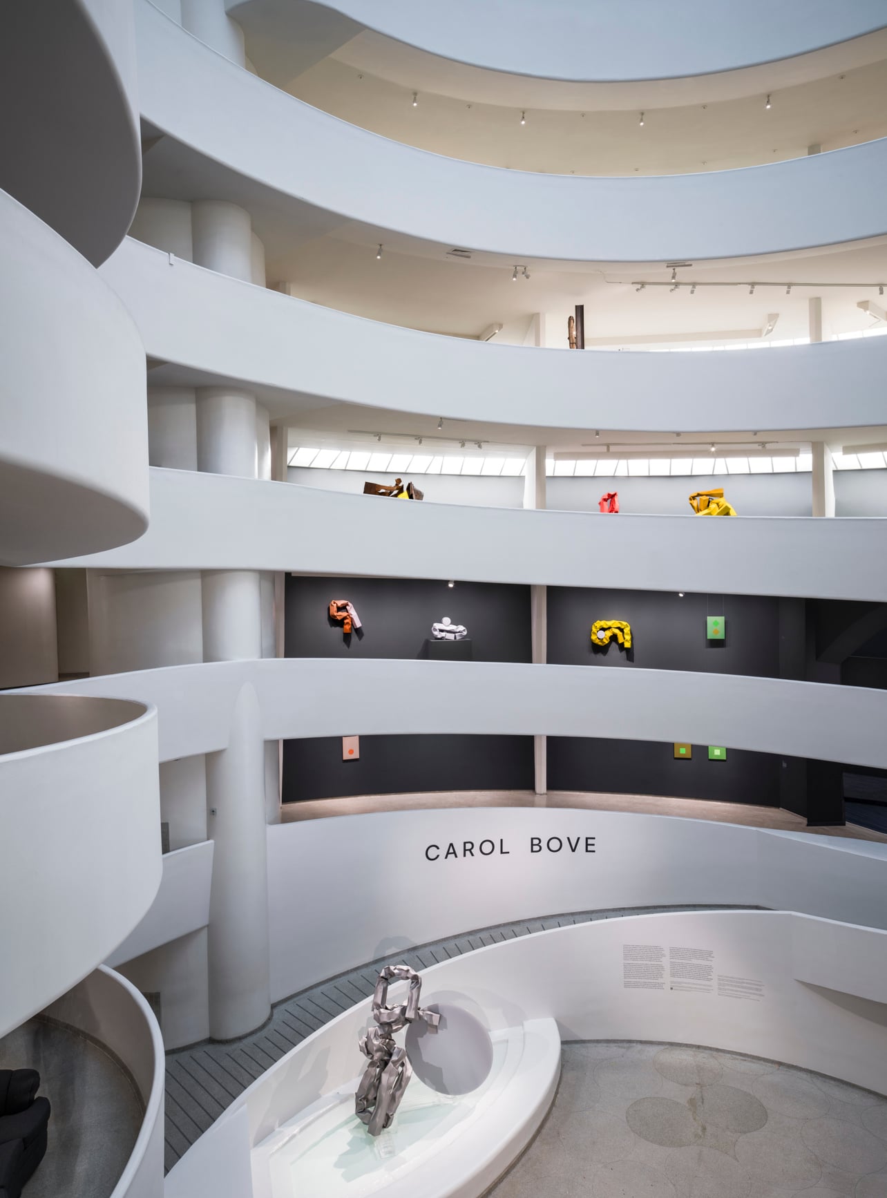 Interior shot of the Carol Bove installation sculptures at the Guggenheim museum