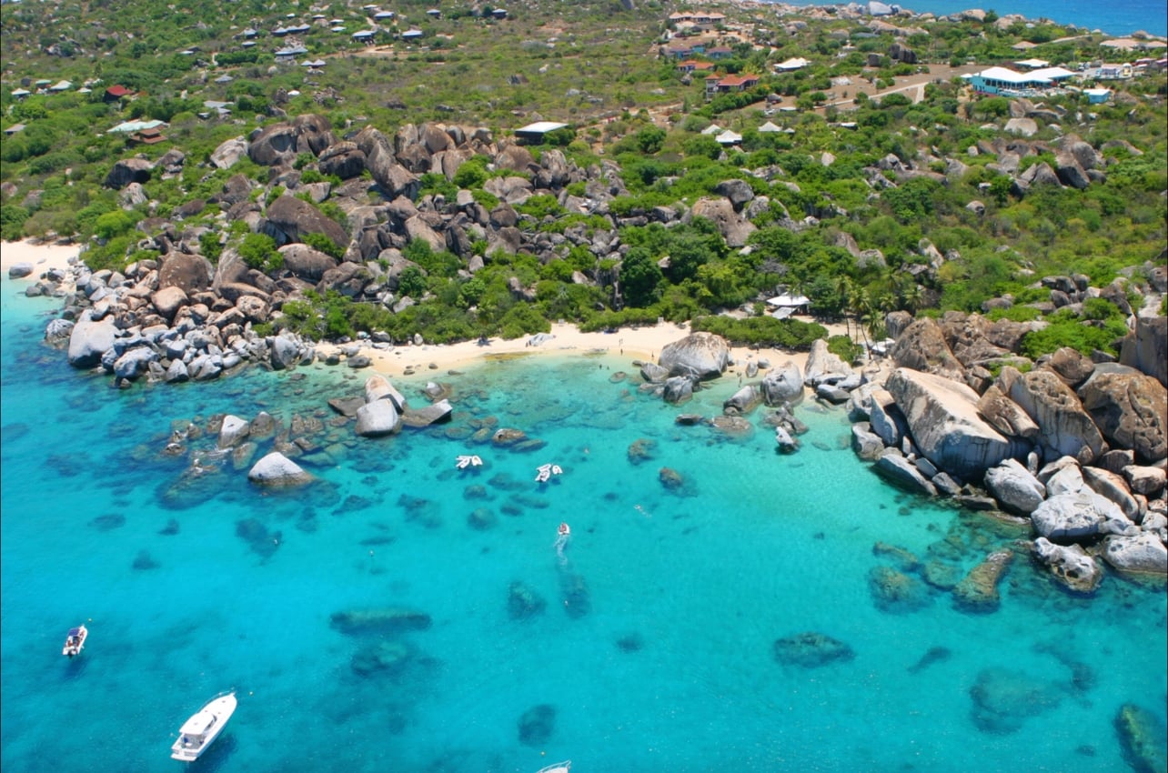 Aerial view of the baths at Virgin Gorda and the beach with crystal blue water