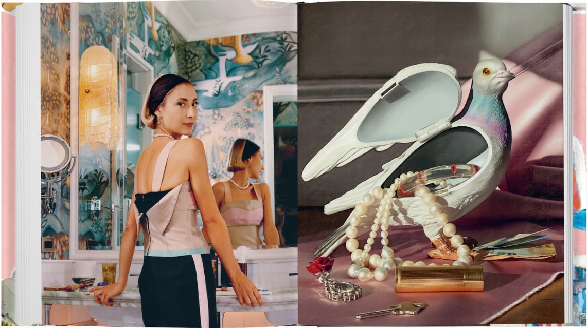 A book spread from, Jenny Sais Quoi with a portrait of a woman and display of jewelry from the book Jenny Sais Quoi