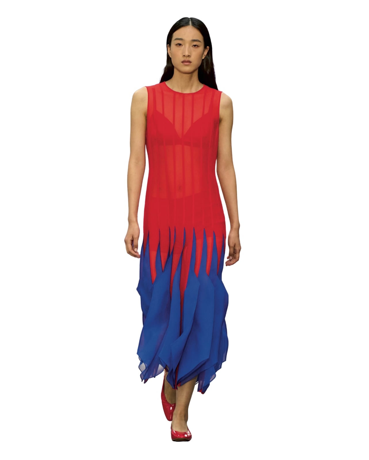 Akris runway model wearing a red and blue dress