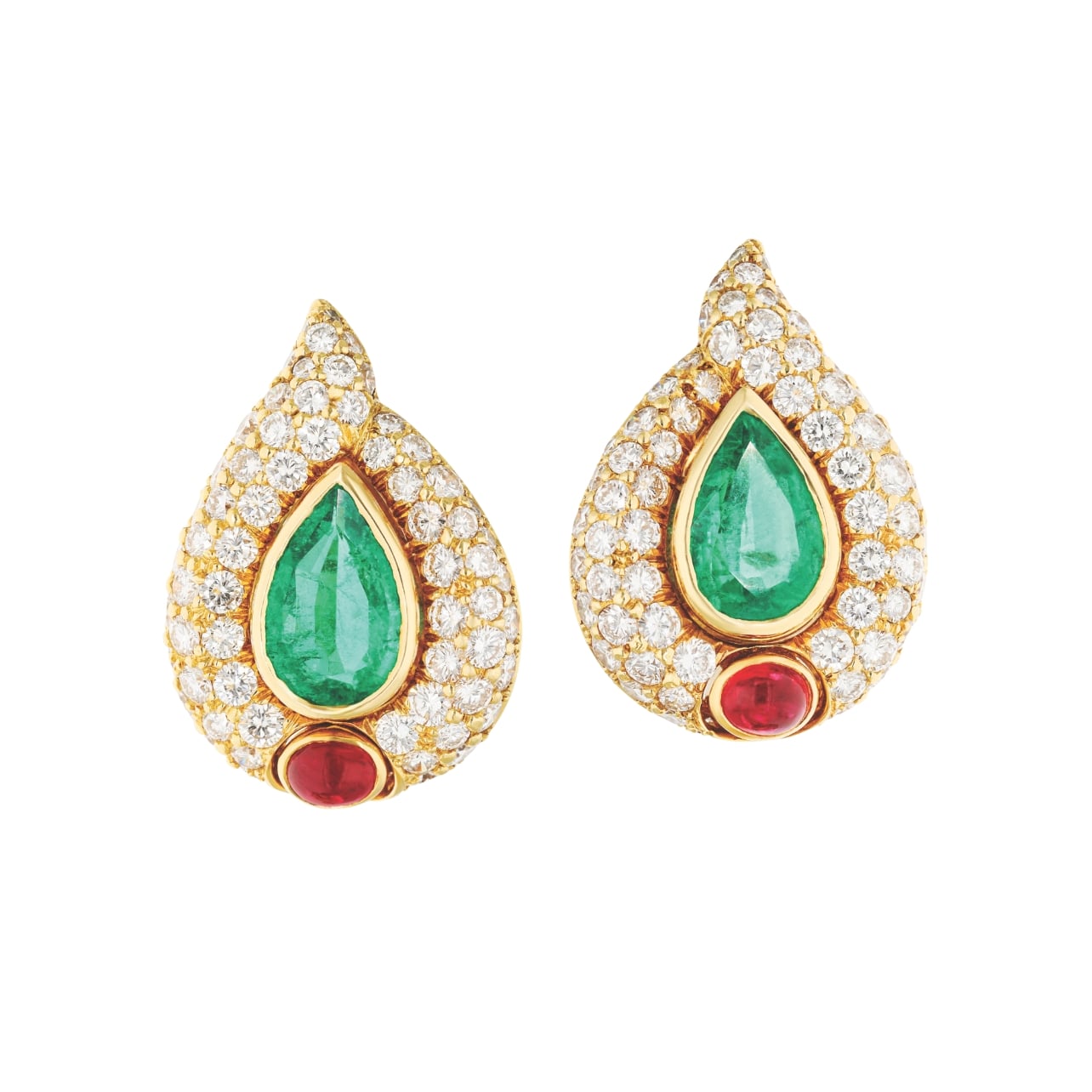 Bulgari emerald, ruby, diamond ear clips