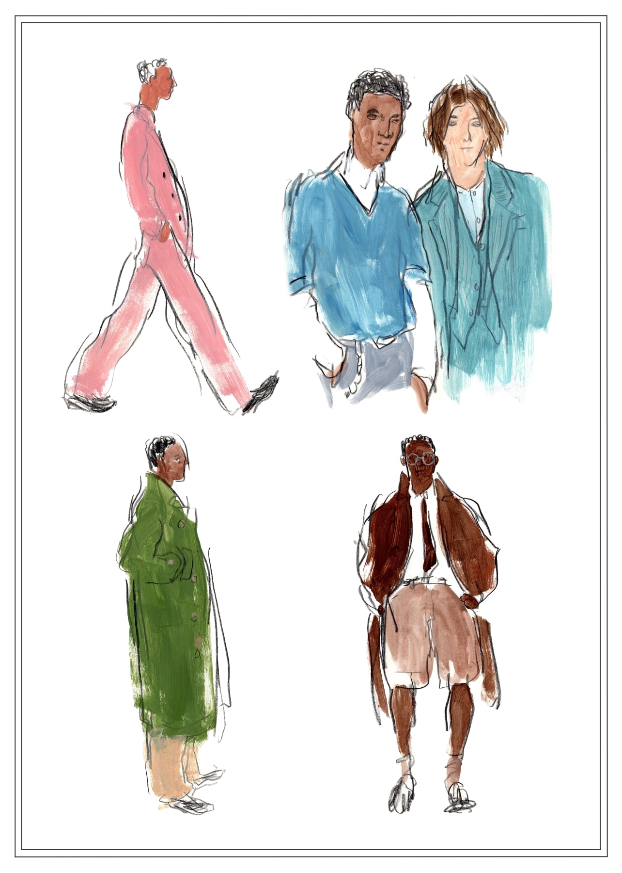 Fashion illustrations of men wearing colorful garments