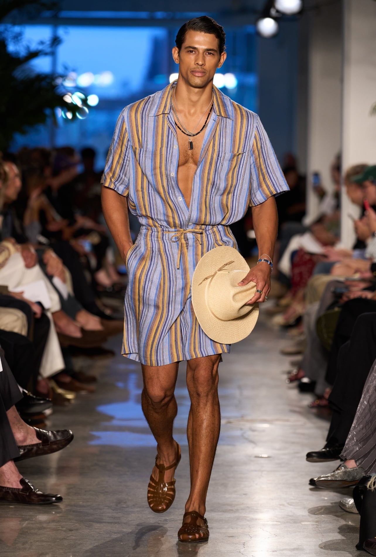 Todd Snyder runway model wearing a striped long shirt dress