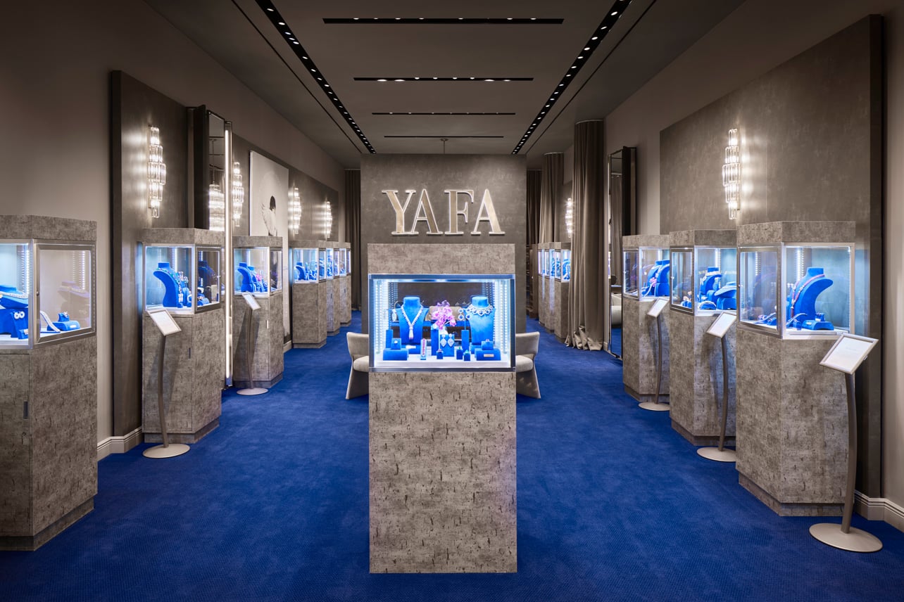 Interior of Yafa jewels displayed in glass cases