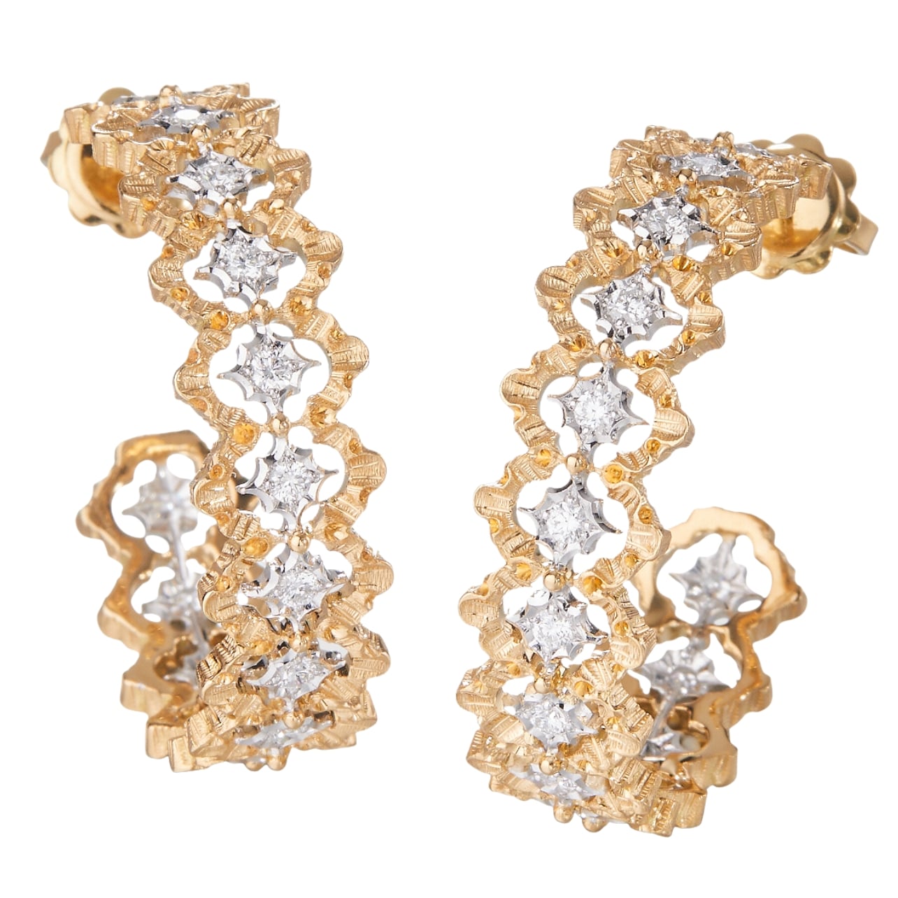 Buccellati Rombi Collection gold hoop earrings with diamonds