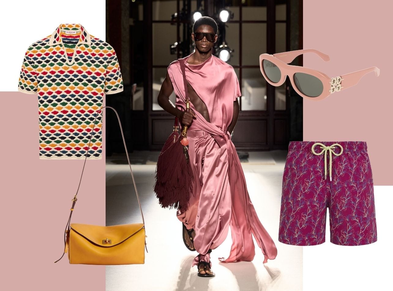 A collage of a Balmain runway model and products from various designers