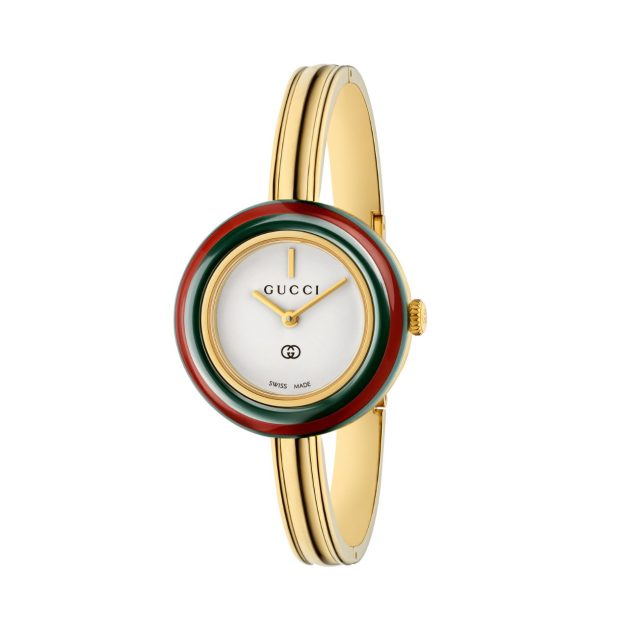 Watch with red, green, and gold striped detailing