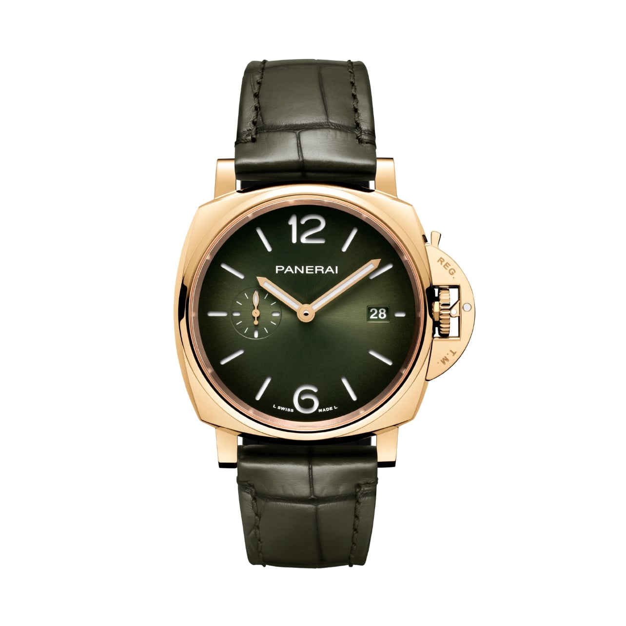 Panerai Luminor Due watch with a green face and black leather strap
