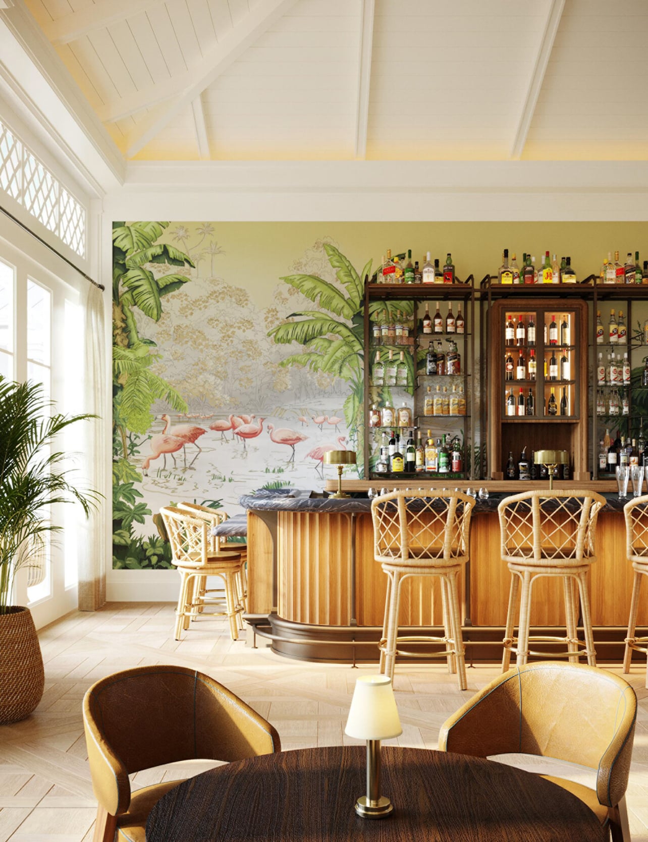 flamingo wallpaper behind a bar