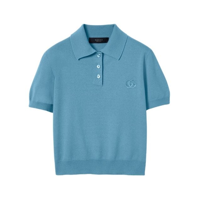 Gucci blue knit wool polo shirt with embroidery