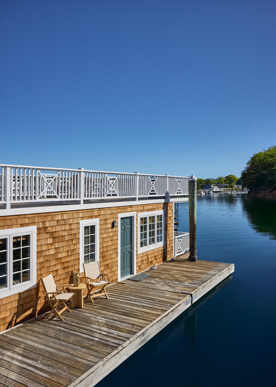 White Barn Inn Cora Houseboat dock extending over the water in Kennebunkport
