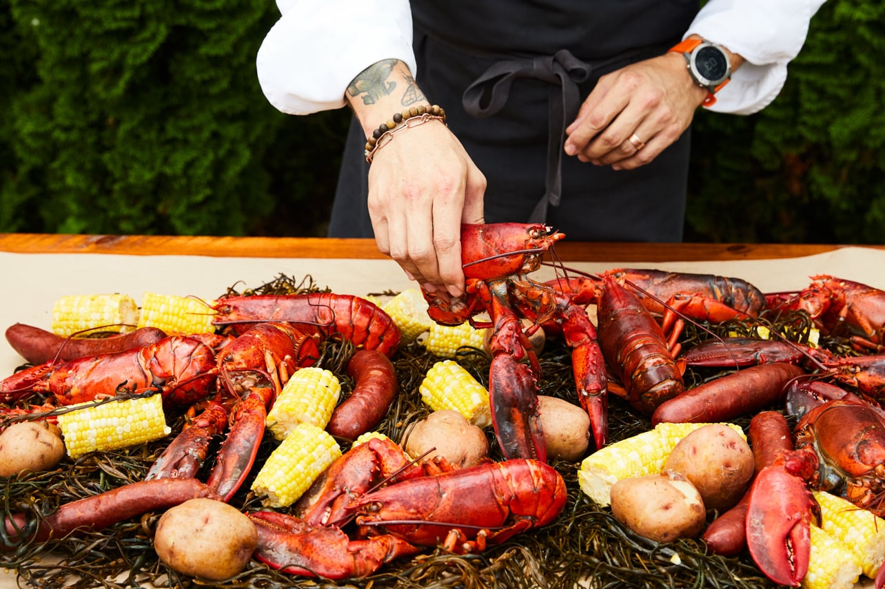 White Barn Inn lobster boil featuring freshly cooked lobsters and seafood boil