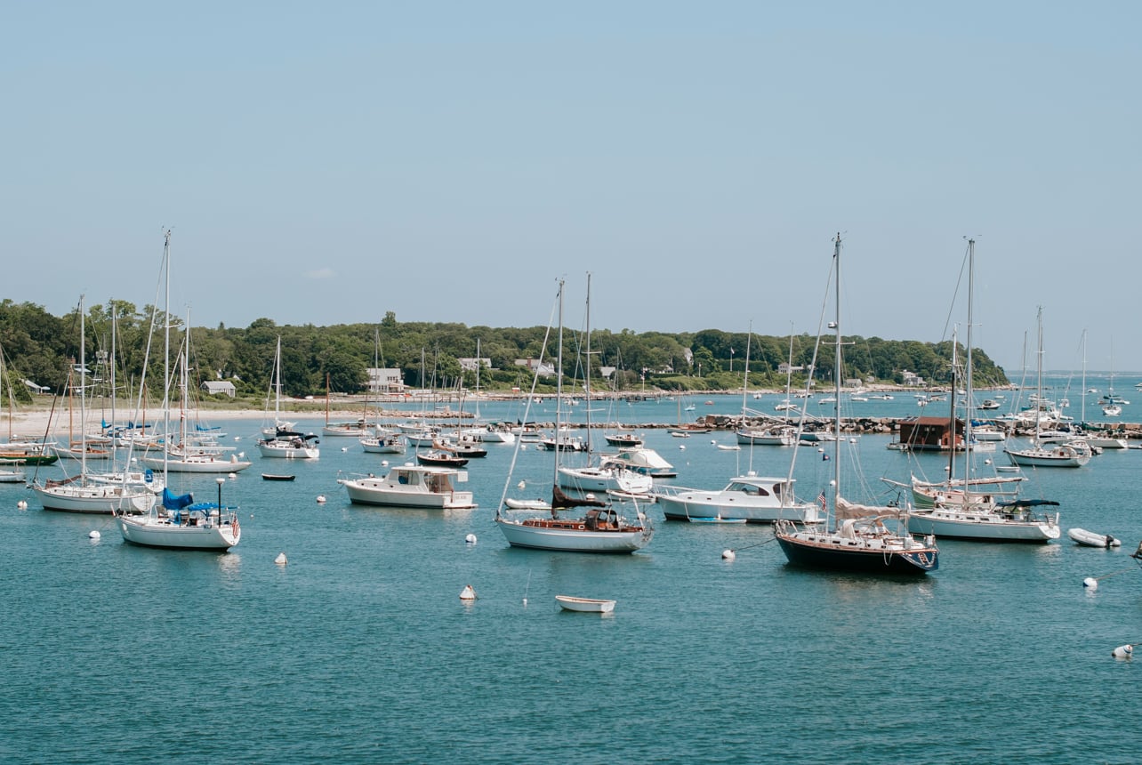 Martha's Vineyard Harbor with boats anchored along the shore