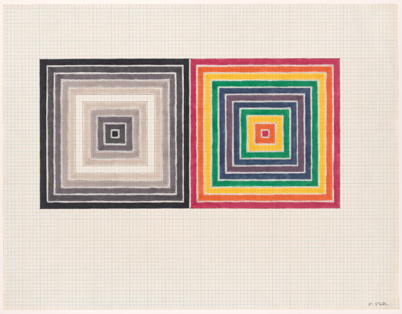 Colorful geometric artwork composed of concentric squares by Frank Stella at The Art Institute of Chicago