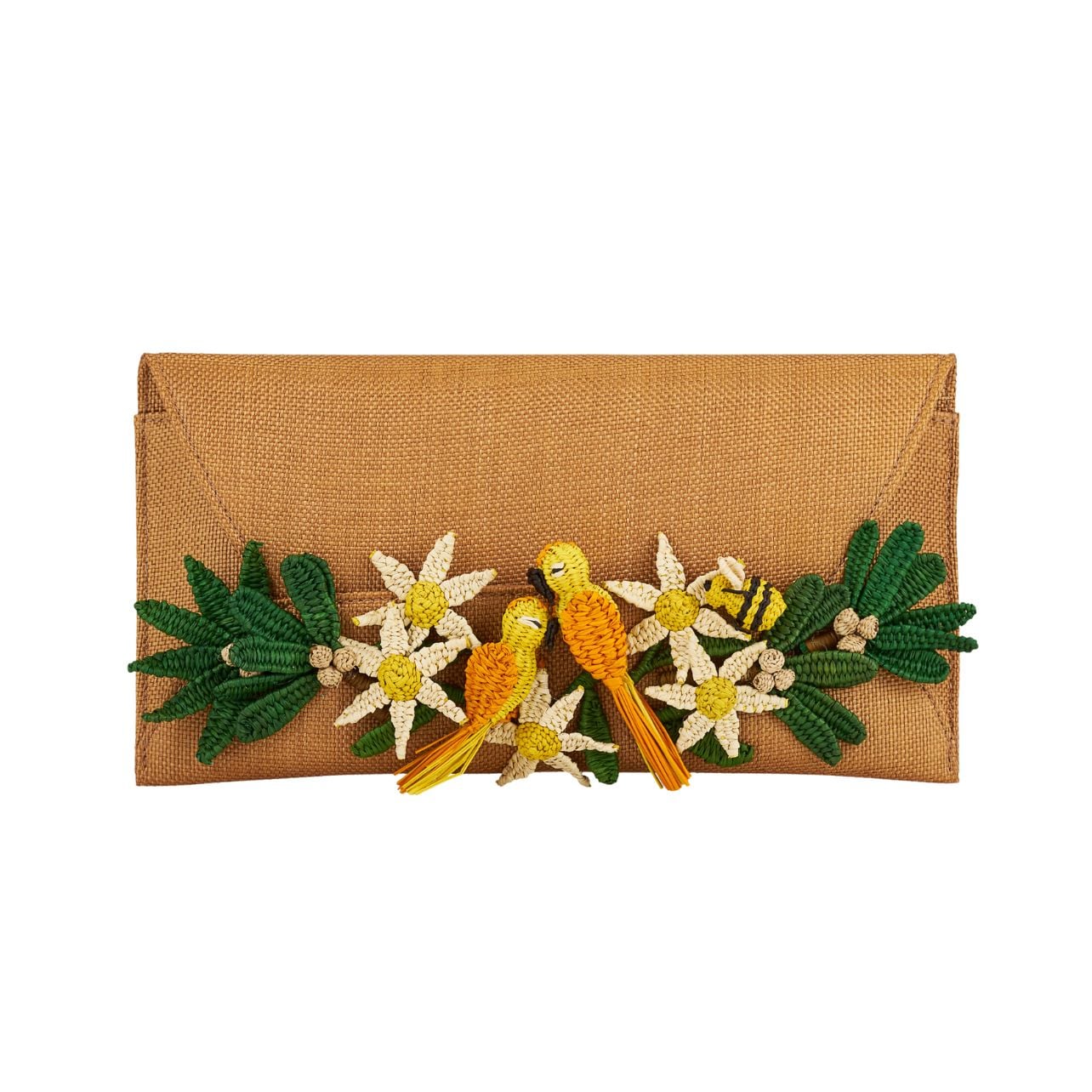 Aquazzura brown clutch with embroidered birds and flowers