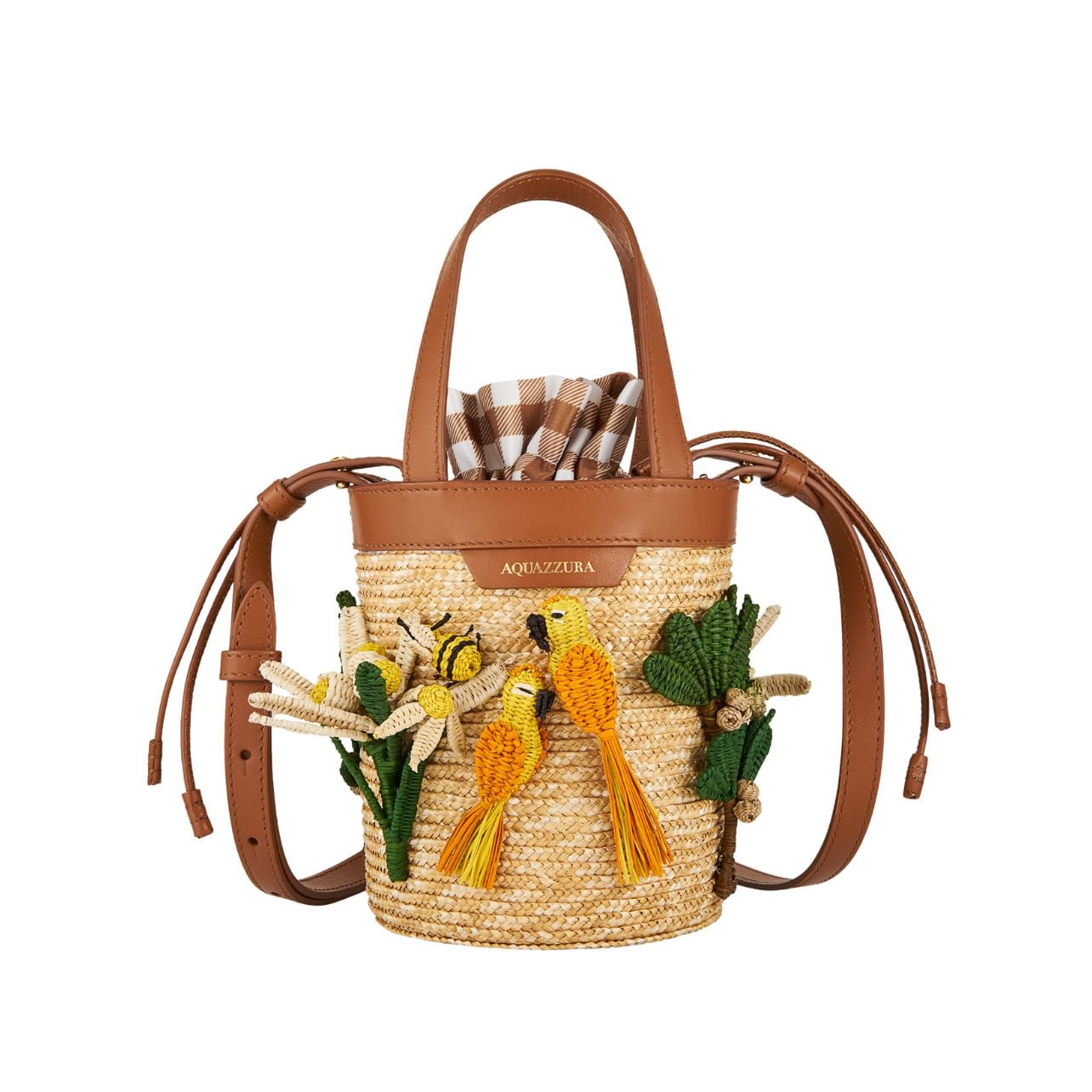 Aquazzura brown bucket bag with embroidered birds and flowers