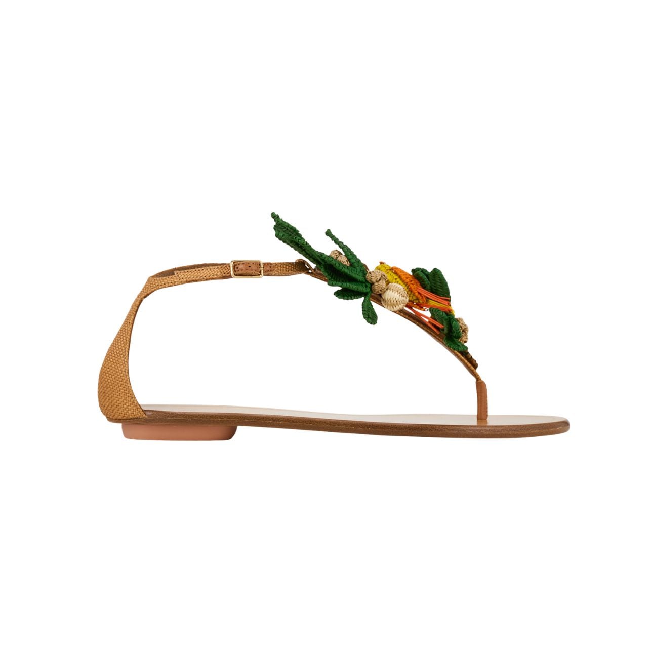 Aquazzura brown flat sandals with embroidered birds and flowers