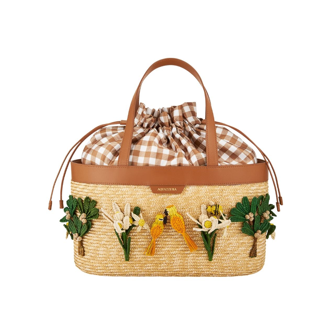 Aquazzura brown drawstring tote with embroidered birds and flowers