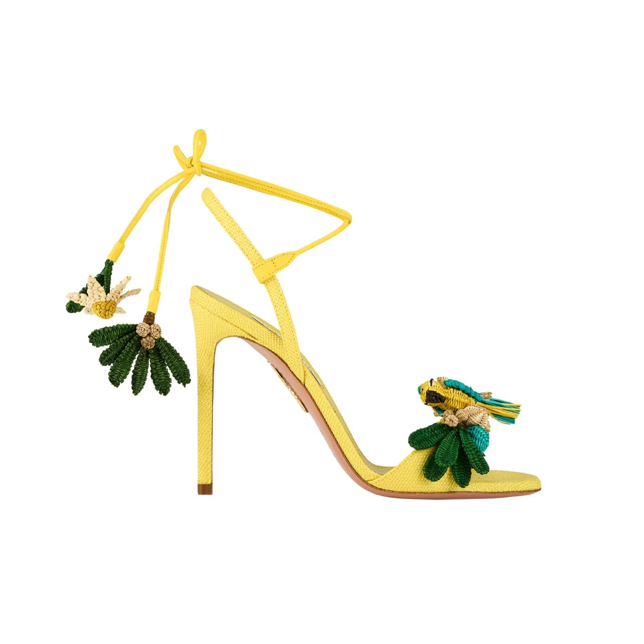 Aquazzura yellow heels with embroidered birds and tropical plants