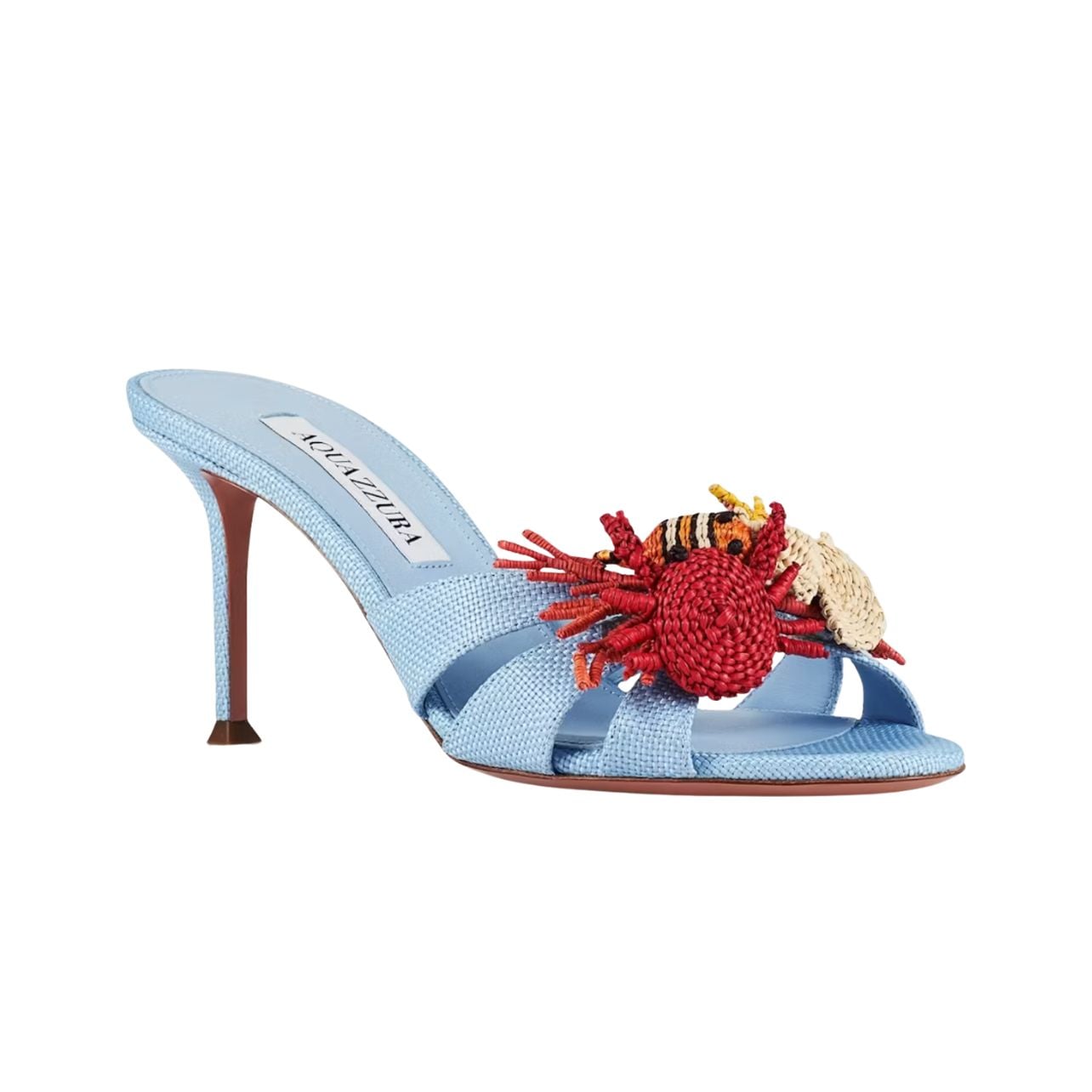Aquazzura blue mule heels with embroidered fish