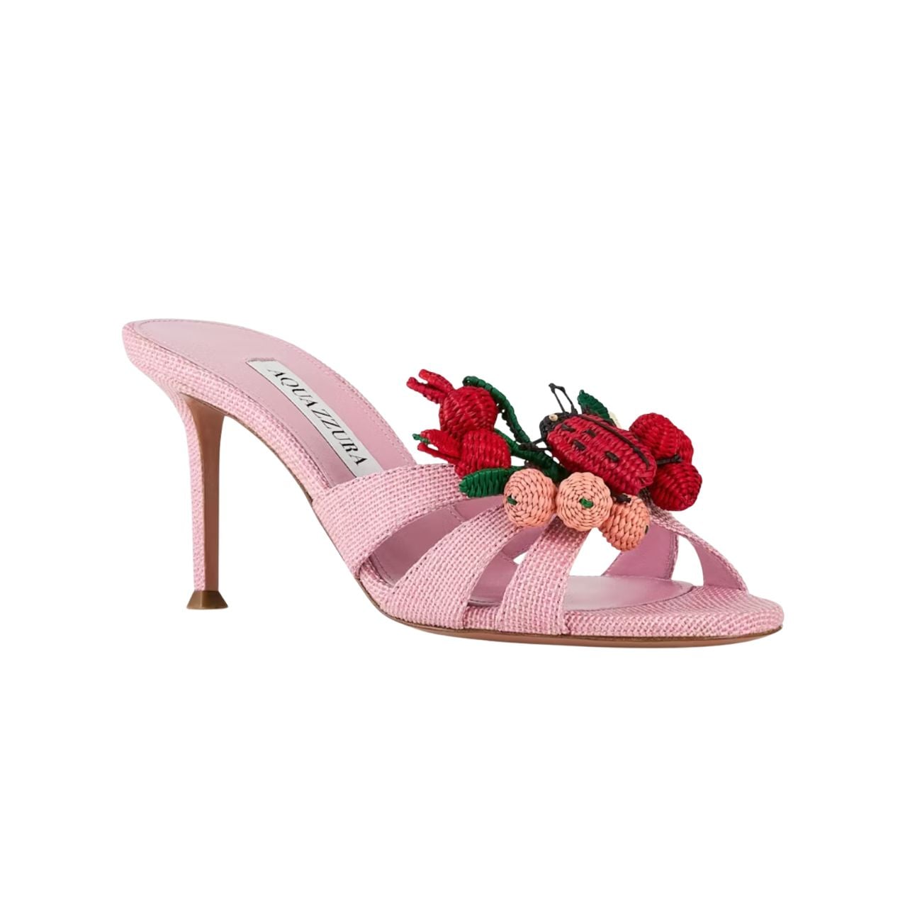 Aquazzura pink heels with embroidered ladybugs and flowers