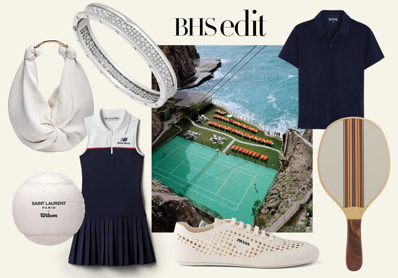 Collage of products and tennis court