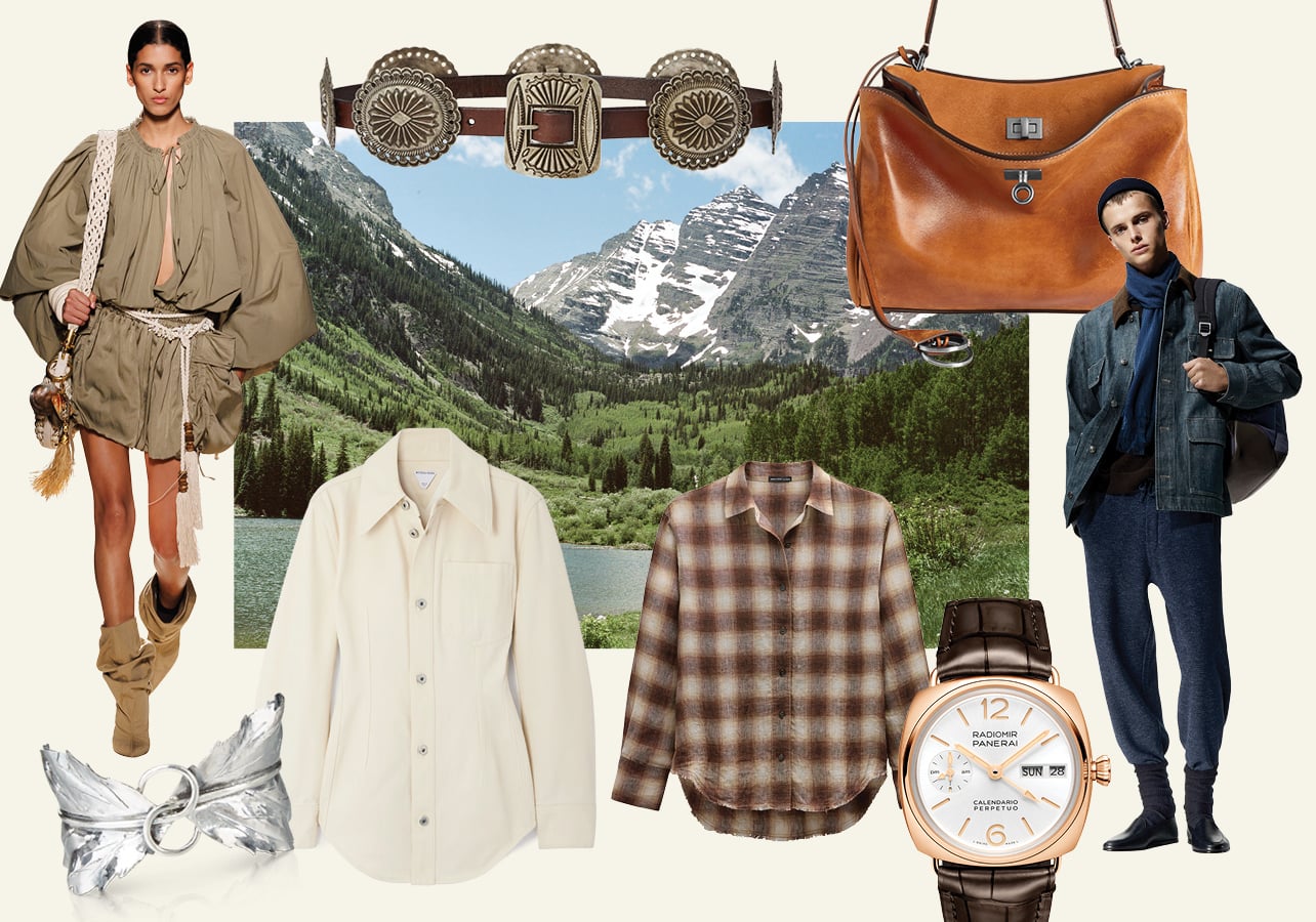 A collage of fashion products and runway images set against Marroon Bells in Aspen Colorado