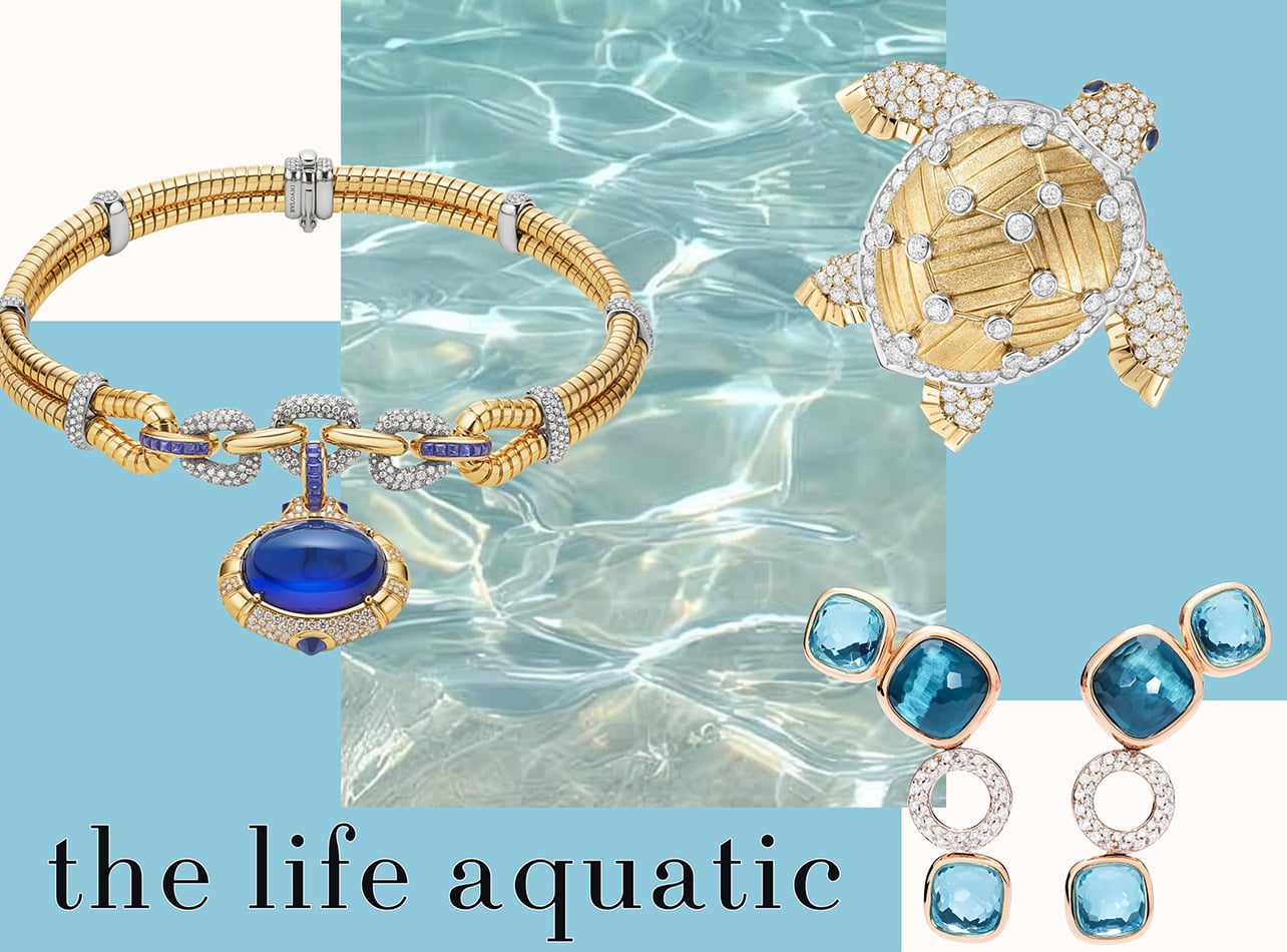 Collage of jewelry on a blue water background
