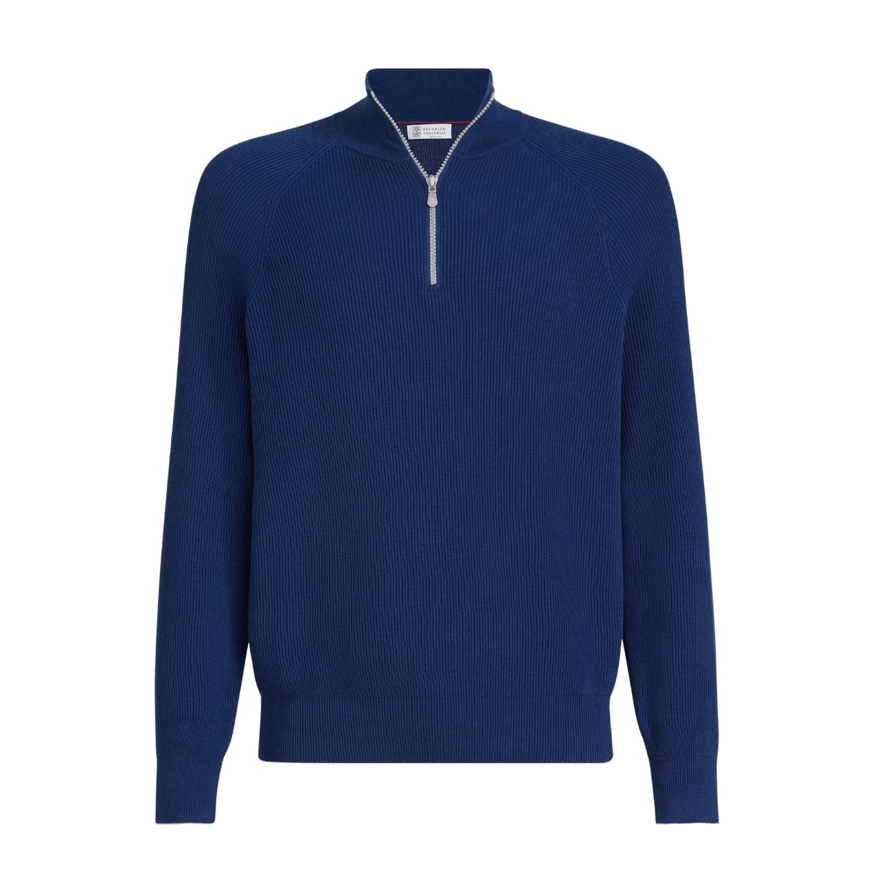 Brunello Cucinelli navy Cotton English rib sweater with half zip and raglan sleeves