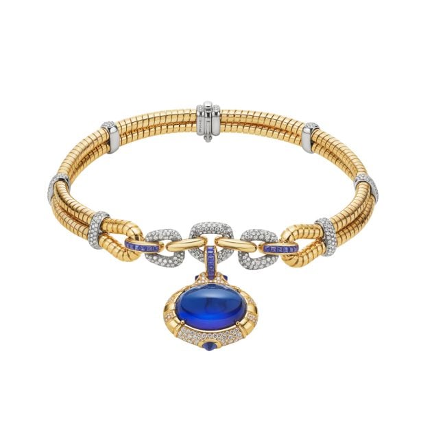 Bulgari High Jewelry Tubogas necklace in yellow and white gold with an oval cabochon tanzanite, buff-top sapphires, and pavé-set diamonds