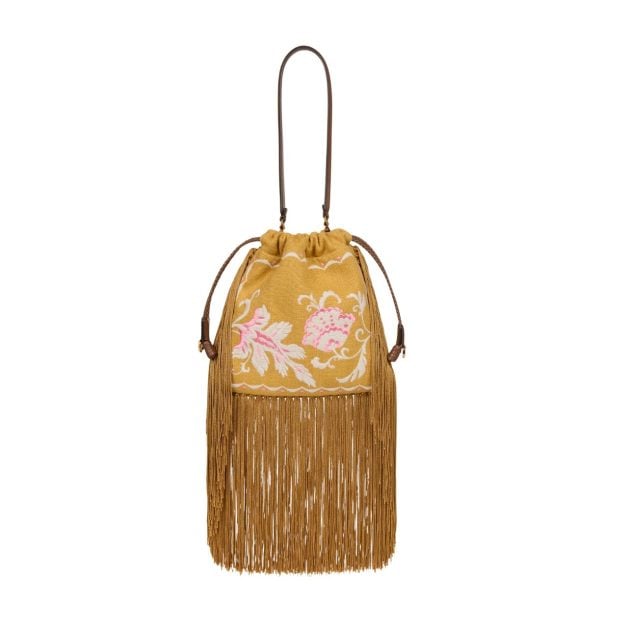Etro yellow small linen-blend Kalispera bag with embroidery and fringes