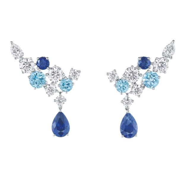 Harry Winston Sparkling Cluster earrings featuring sapphires, aquamarines, and diamonds