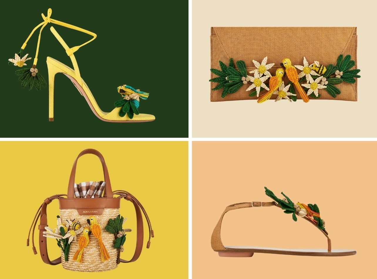 A collage of Aquazzura products including bags and shoes
