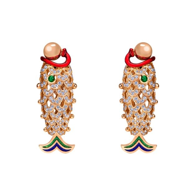 Jacob & Co. Lucky You earrings in rose gold and enamel with pearls and diamond skeleton