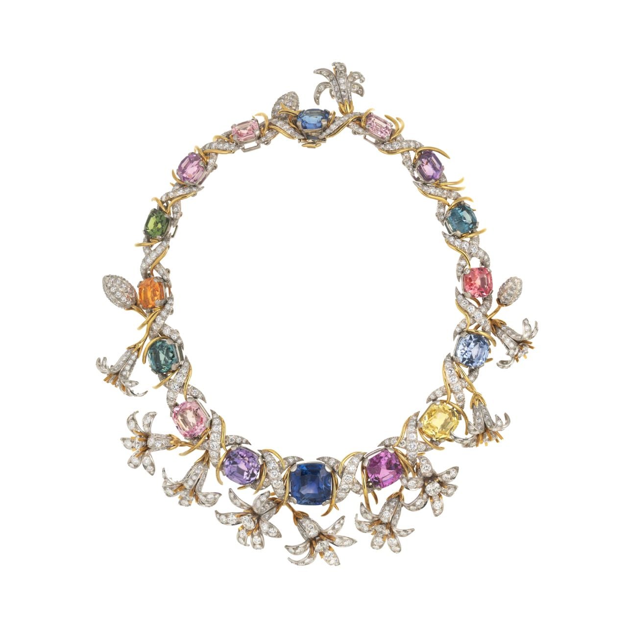 Tiffany & Co. diamond floral motif necklace with diamond flowers and multi-colored stones