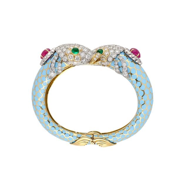 Yafa Signed Jewels David Webb estate Pisces cuff in yellow gold and platinum with cabochon emeralds, rubies, and diamonds
