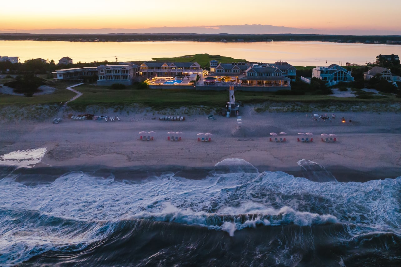 Aerial view of the beach at dusk