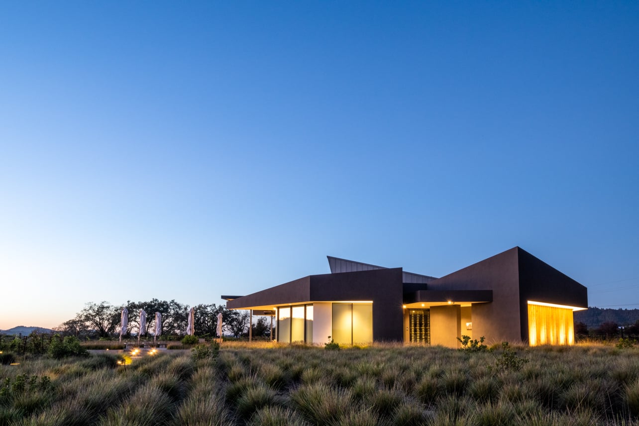 Exterior of a winery at dusk
