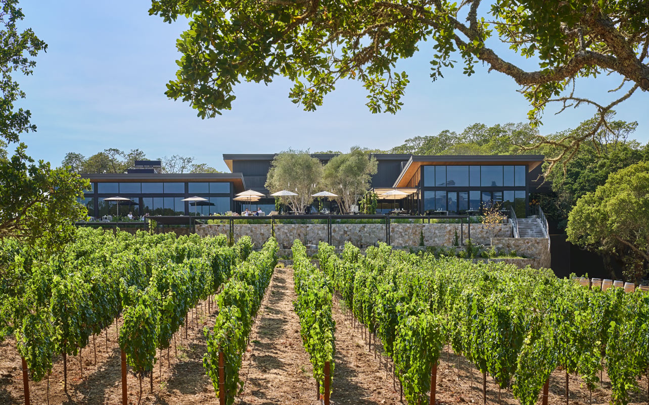 Exterior of a building overlooking vineyards