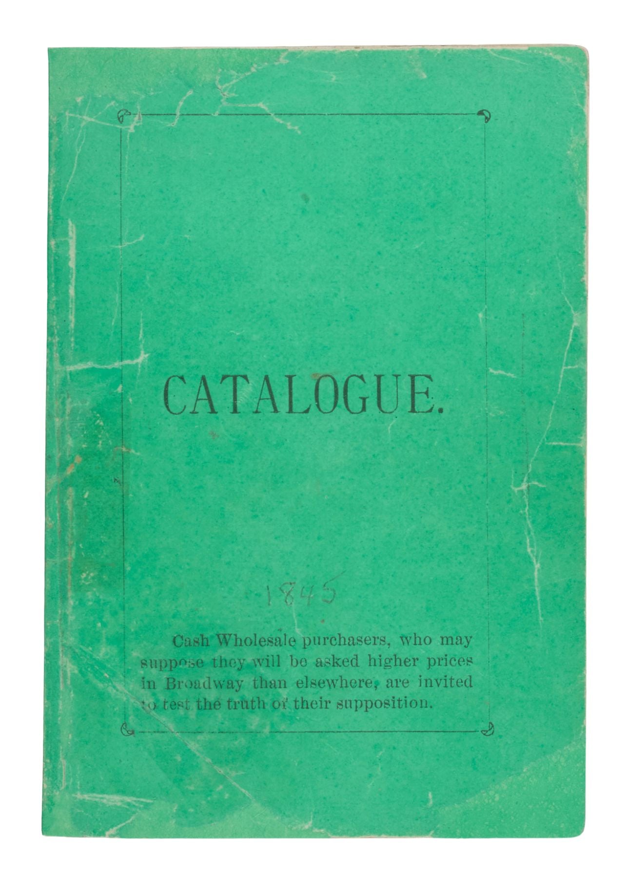 A cover of a green book labeled Catalogue