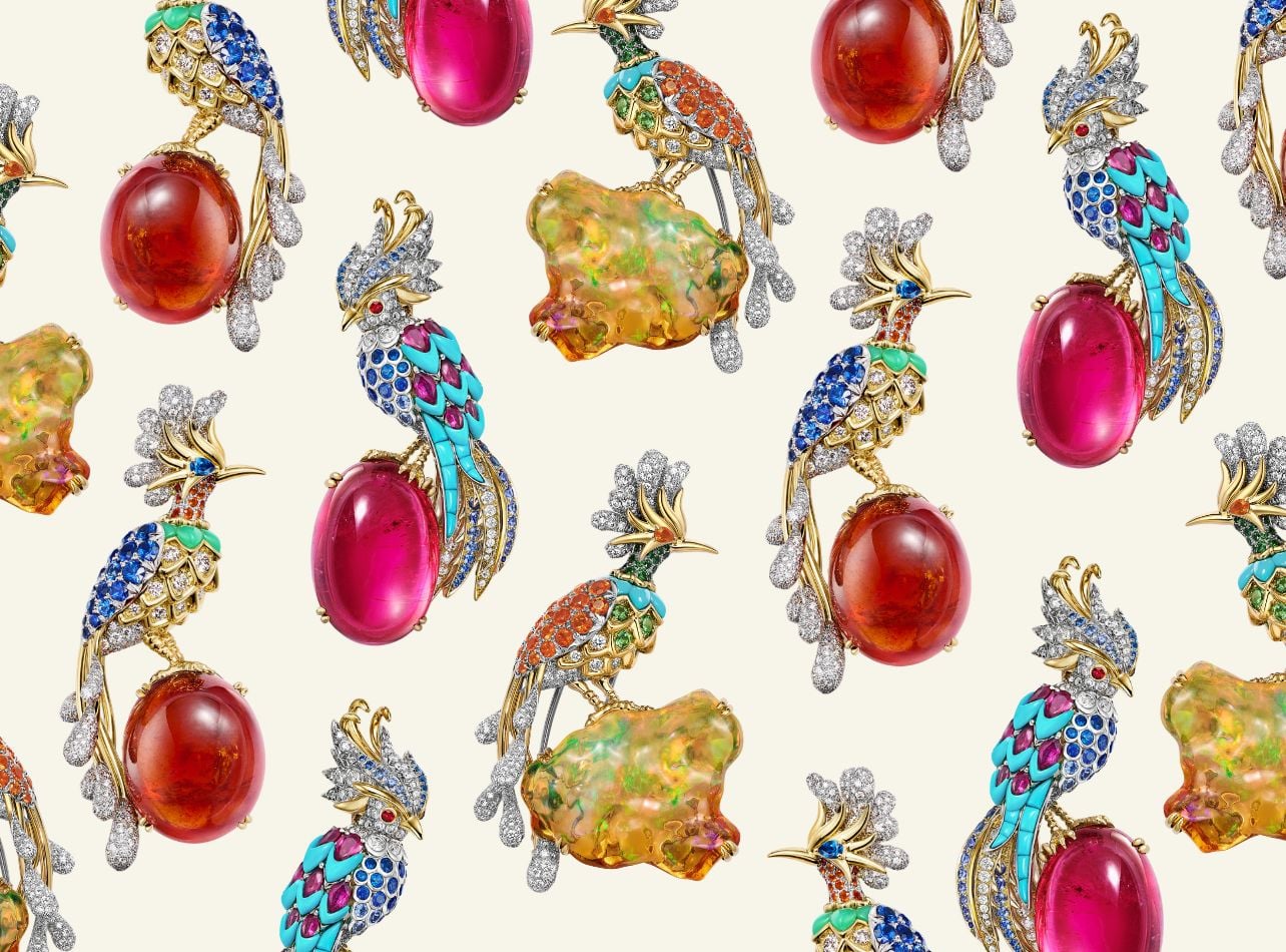 A collage of Tiffany & Co. bird jewels in honor of the Tiffany Blue Book Anniversary
