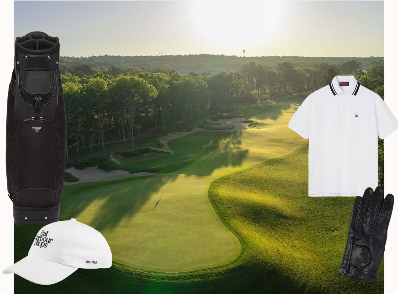 Collage of aerial view of golf course with product items