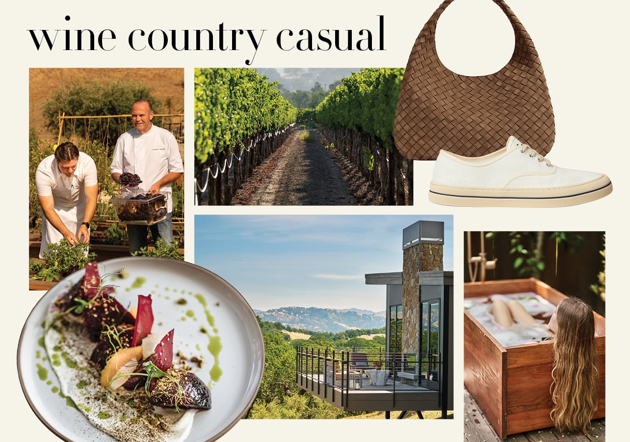 A collage of landscapes and products displaying wine country