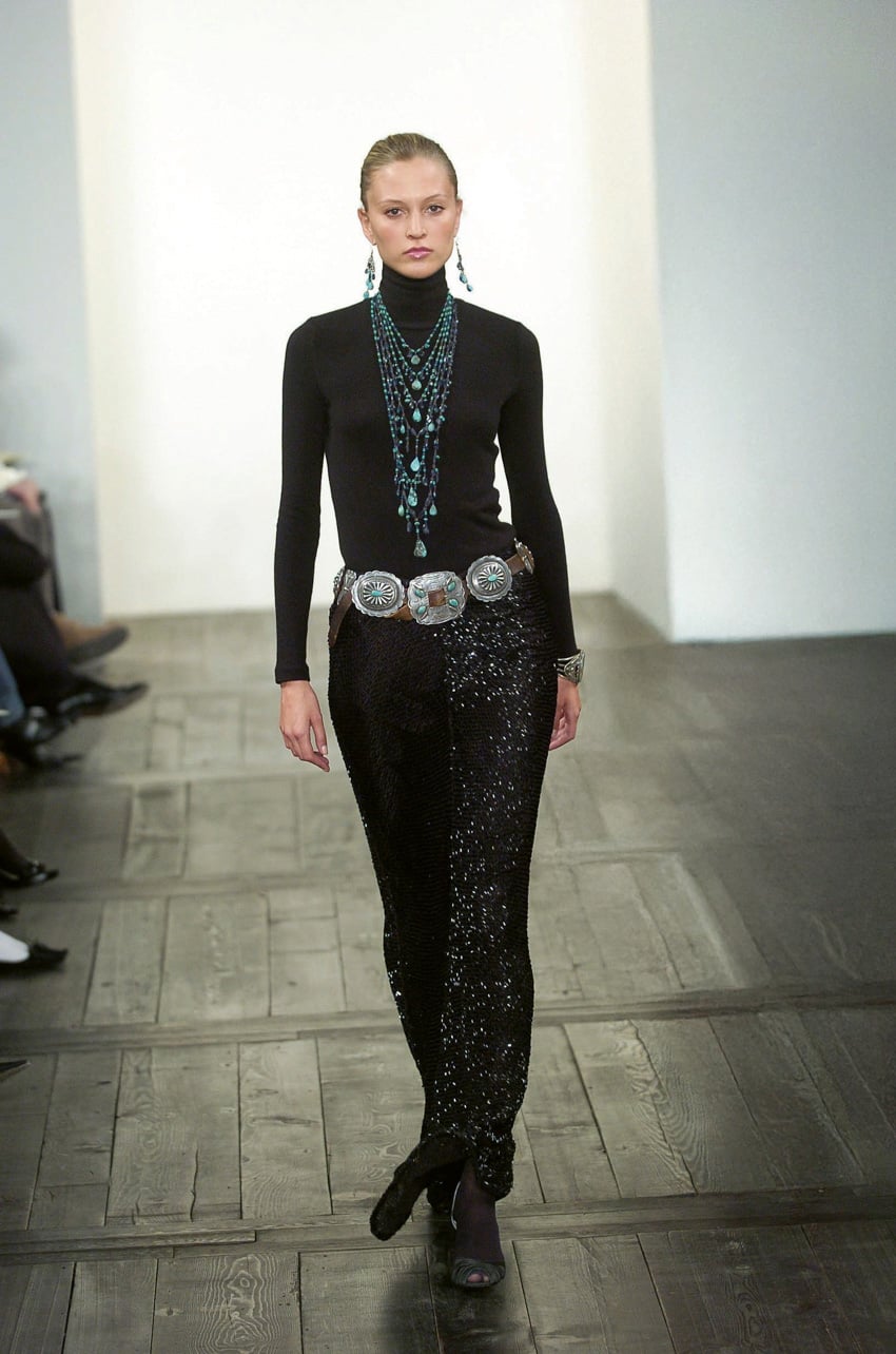 Ralph Lauren Fall 2004 runway look featuring a sequin skirt and western belt