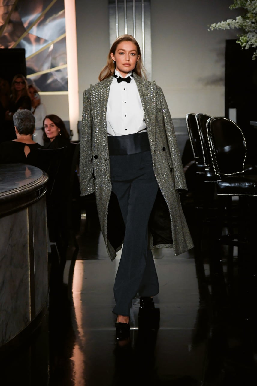 Ralph Lauren Fall 2019 runway look featuring a grey sparkle blazer jacket worn by Gigi Hadid