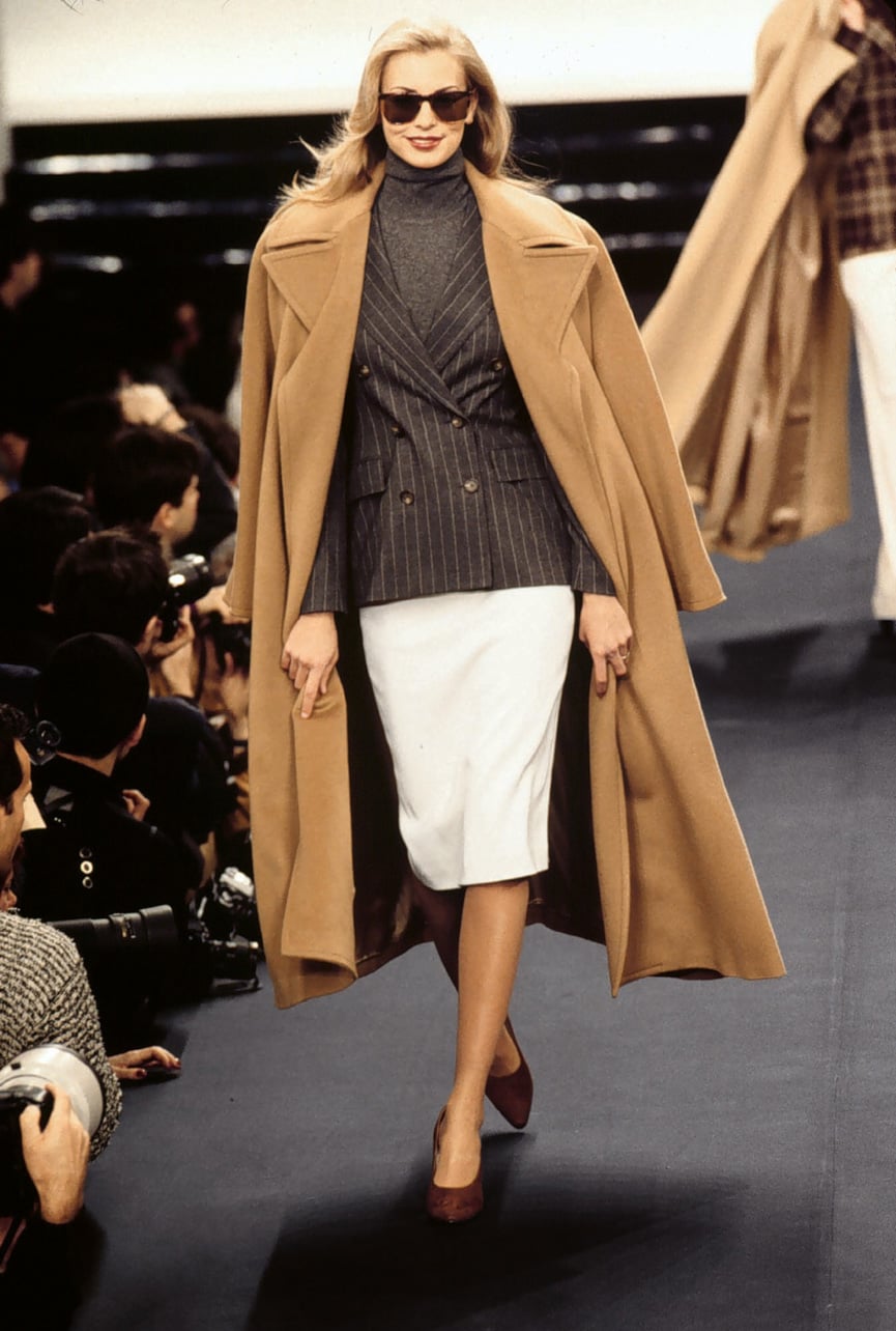 Ralph Lauren Fall 1995 runway look featuring sunglasses and a tan jacket worn by Ingrid Seynhaeve