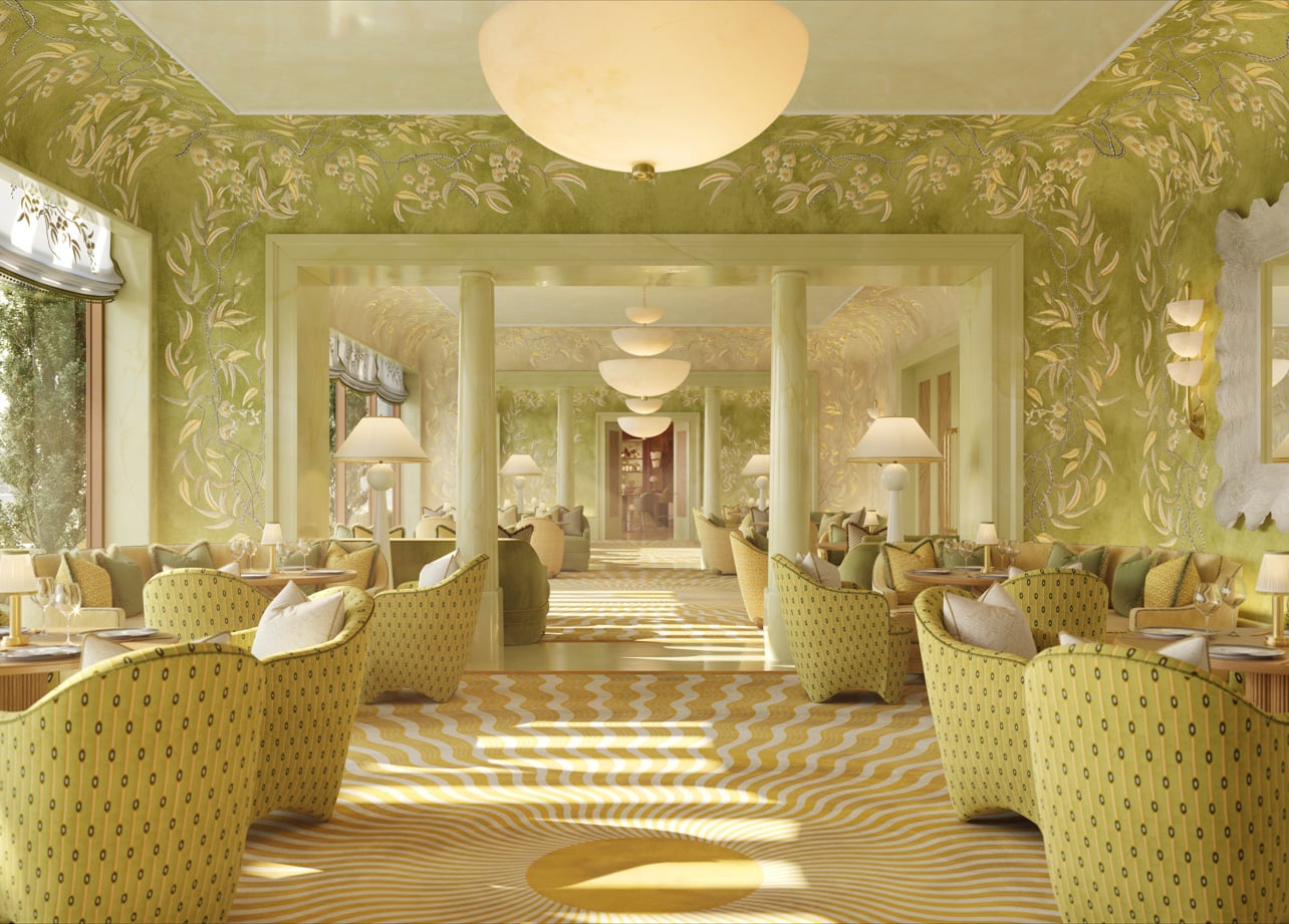 Drawing Room with green floral wallpaper at The Knox, Auberge Collection