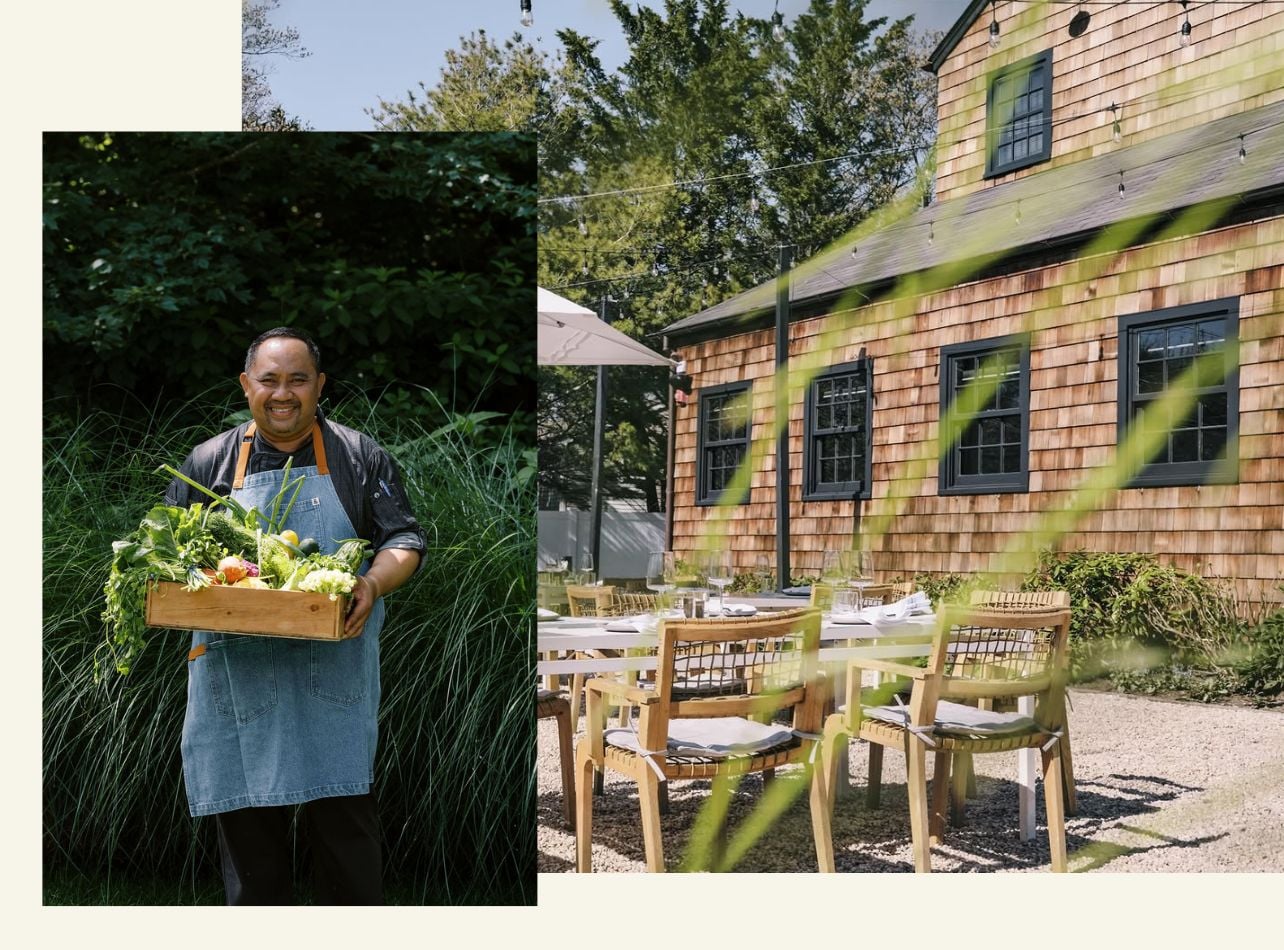 An outside dining patio and a portrait of Chef Dawa at The Roundtree