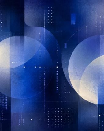 Blue graphic with various shapes