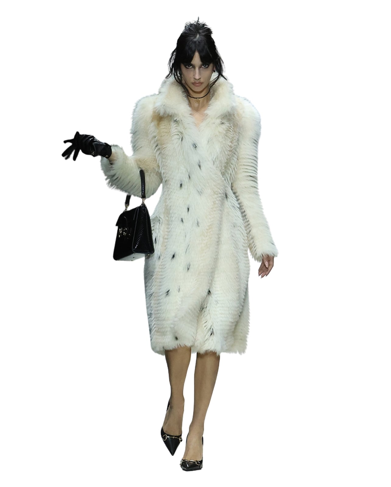 Gucci runway model wearing a fur jacket for Fall/Winter